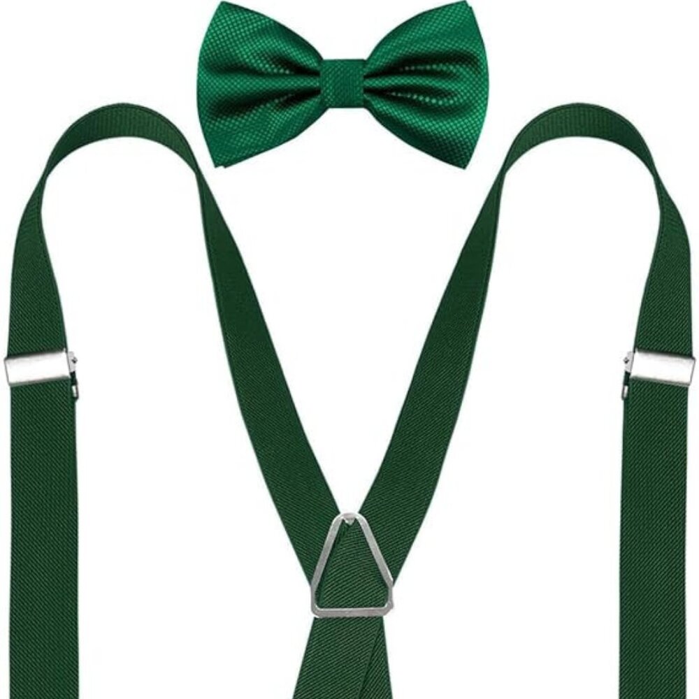 Green St Patricks Day Men's 4 Clips X-Back Solid Suspenders Pre Tied Bow Tie